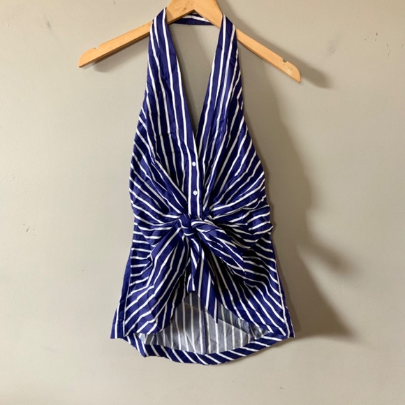 Zara Blue & White Striped Tie Front Halter Top NWT - Picture 4 of 5